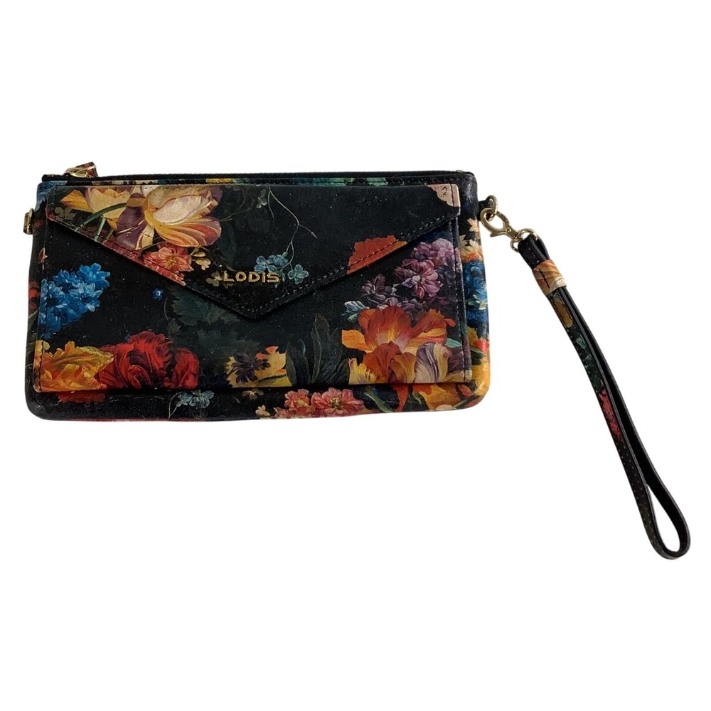 Lodis Leather Floral Print Wristlet Clutch Wallet Black Multi A285122 042 000